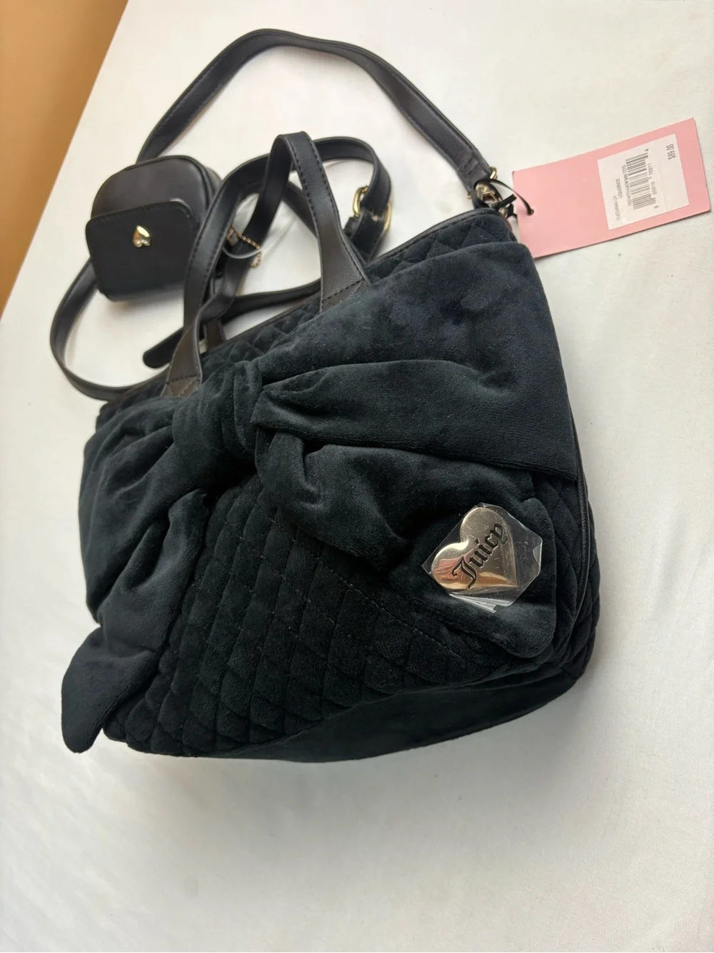 Juicy Couture Black Quilted Bow Shoulder Bag with Heart Charm
